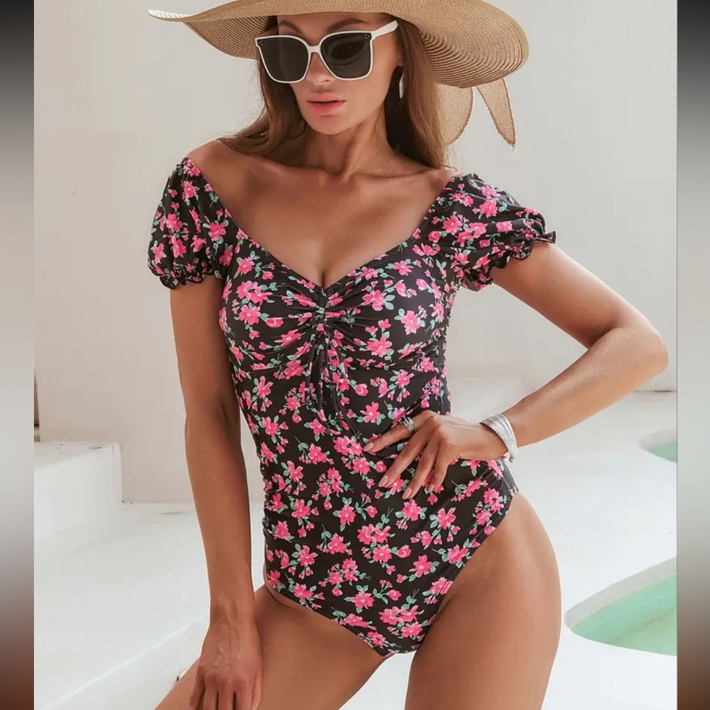 ‼️Final price flower print renaissance style top one piece swimsuit with cinched
